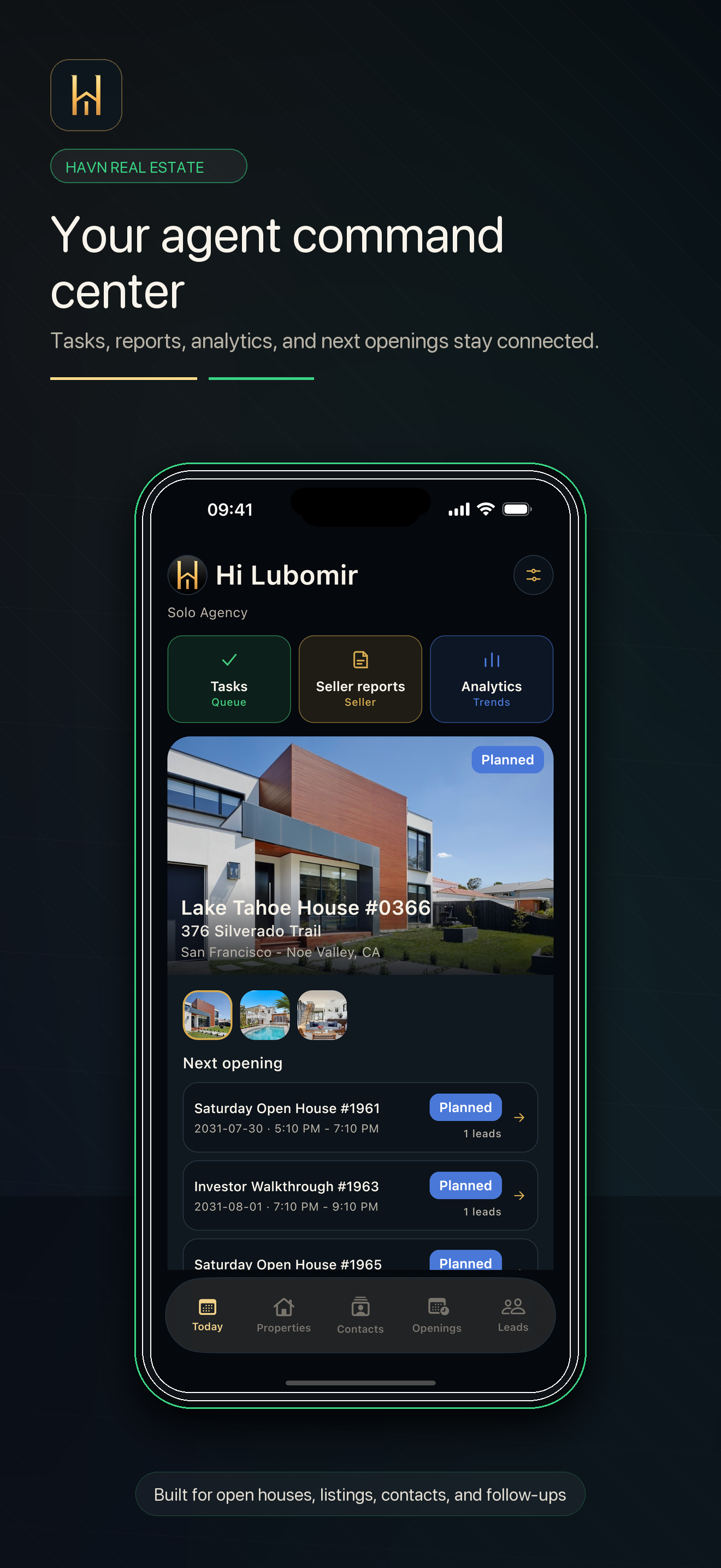 HAVN Today dashboard on iPhone with tasks, seller reports, analytics, and the next opening.