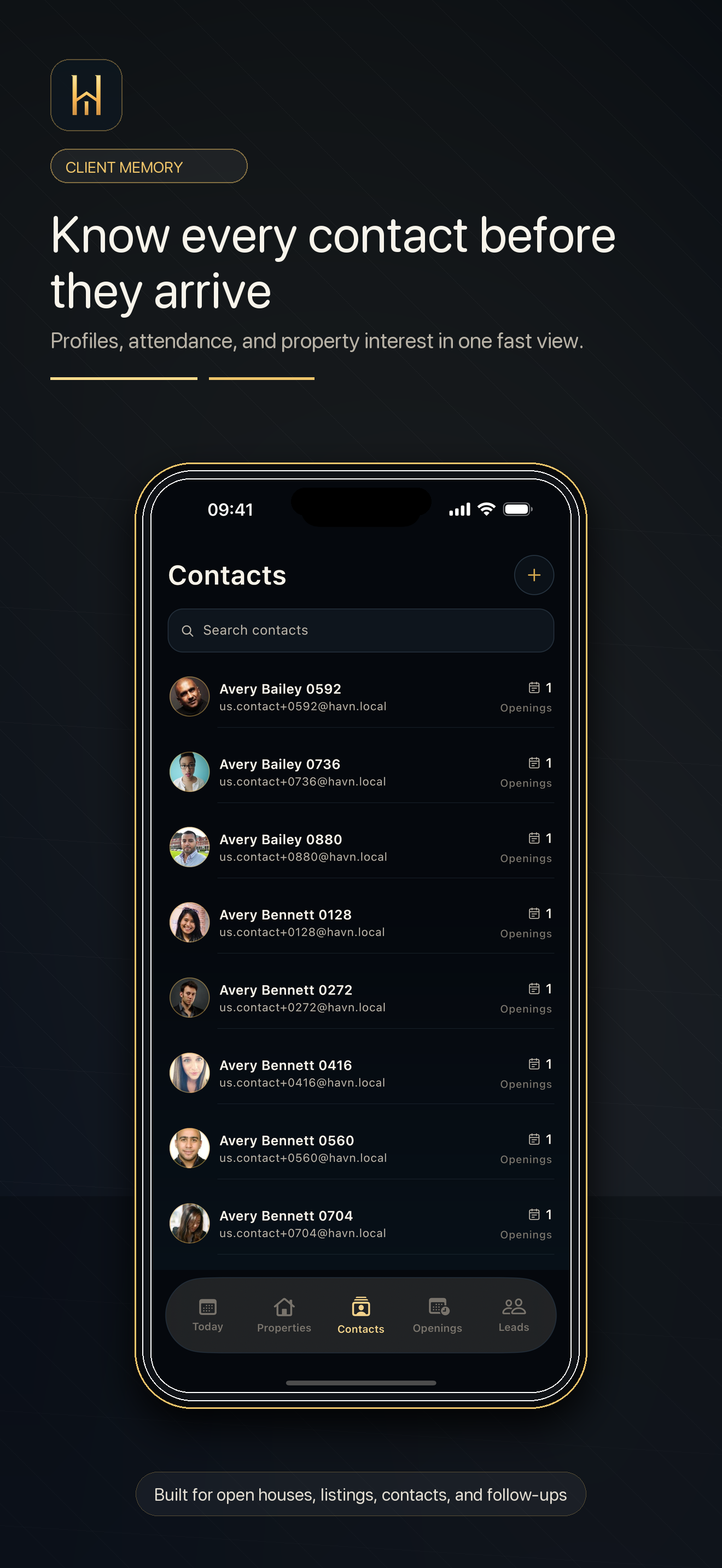 HAVN Contacts list on iPhone with visitor profiles and opening counts.