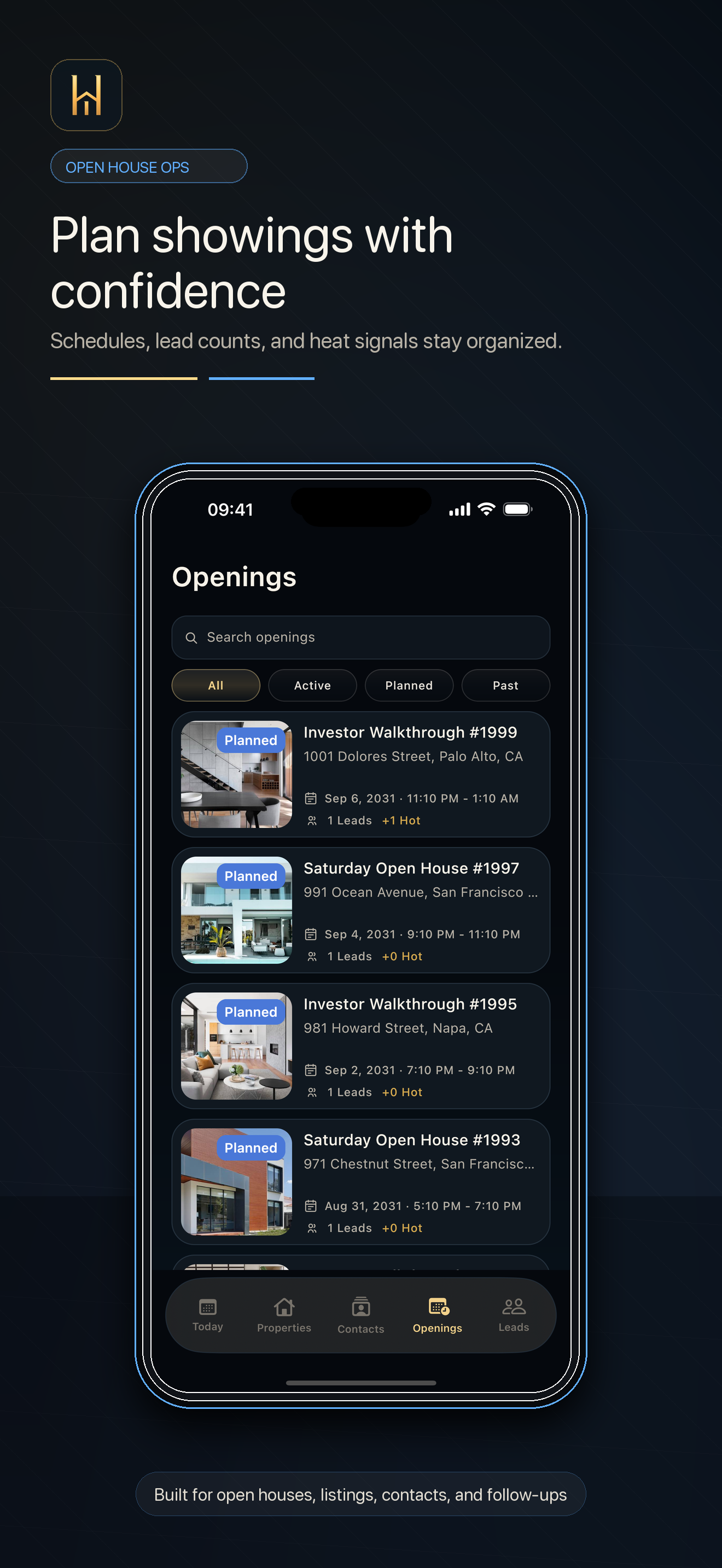 HAVN Openings list on iPhone with planned open house events and lead counts.
