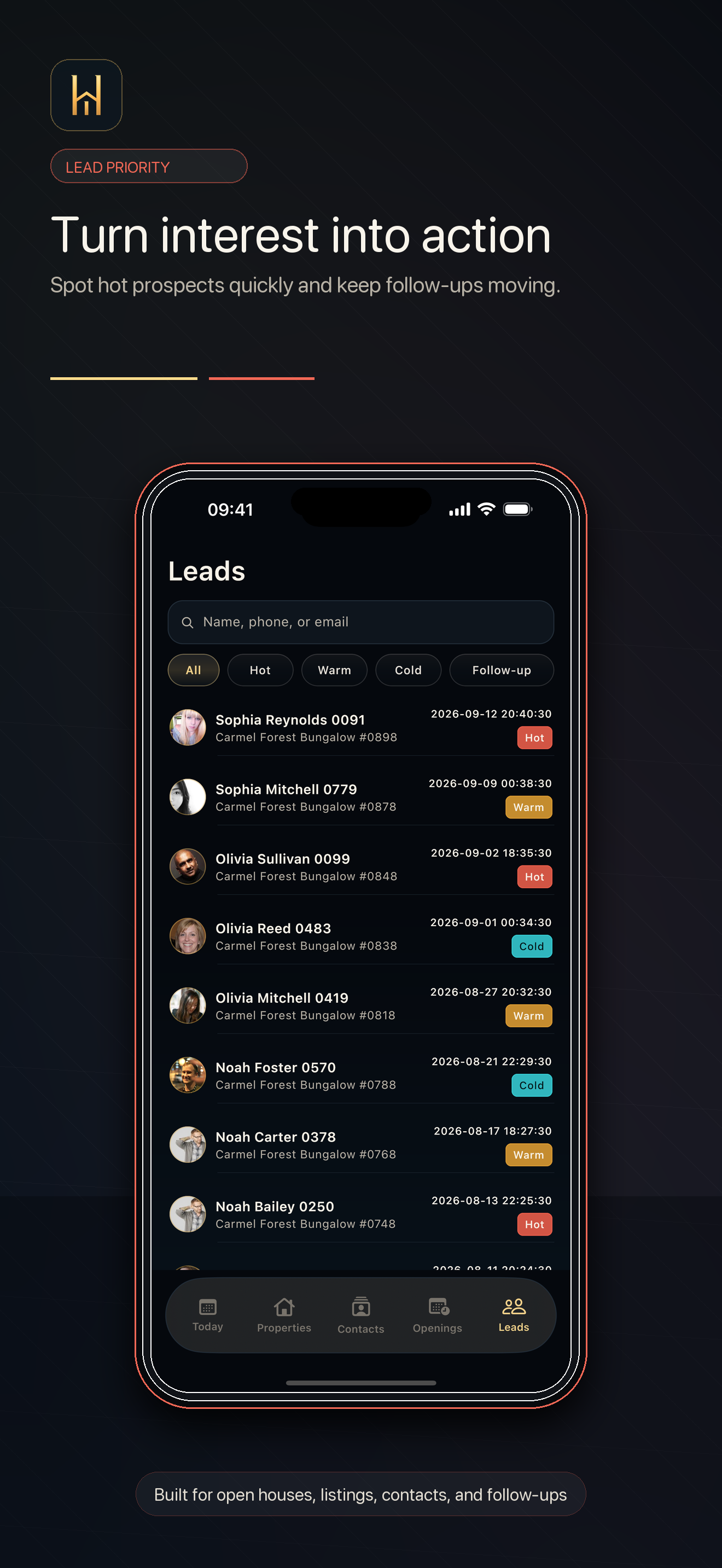 HAVN Leads list on iPhone with hot, warm, and cold lead labels.