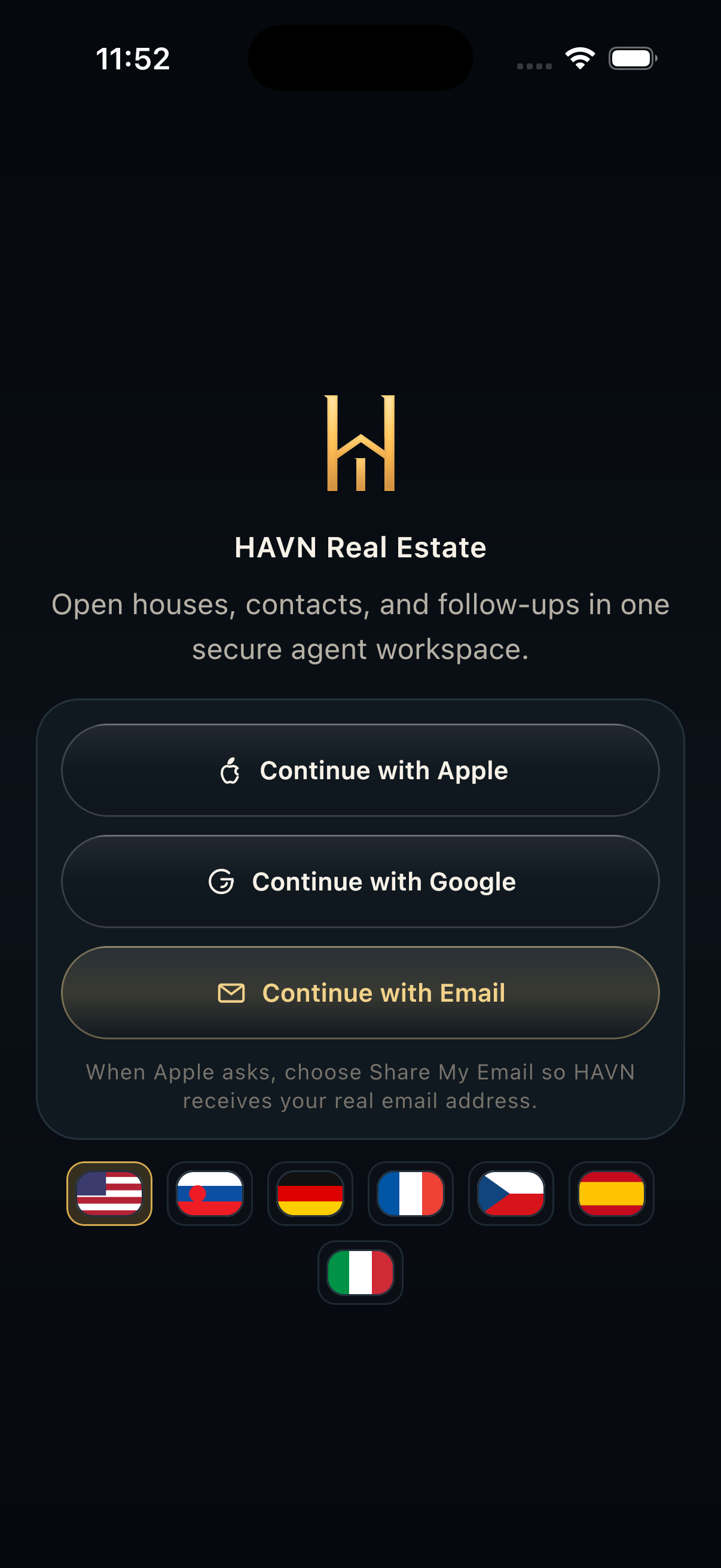 HAVN Real Estate sign-in screen on iPhone.
