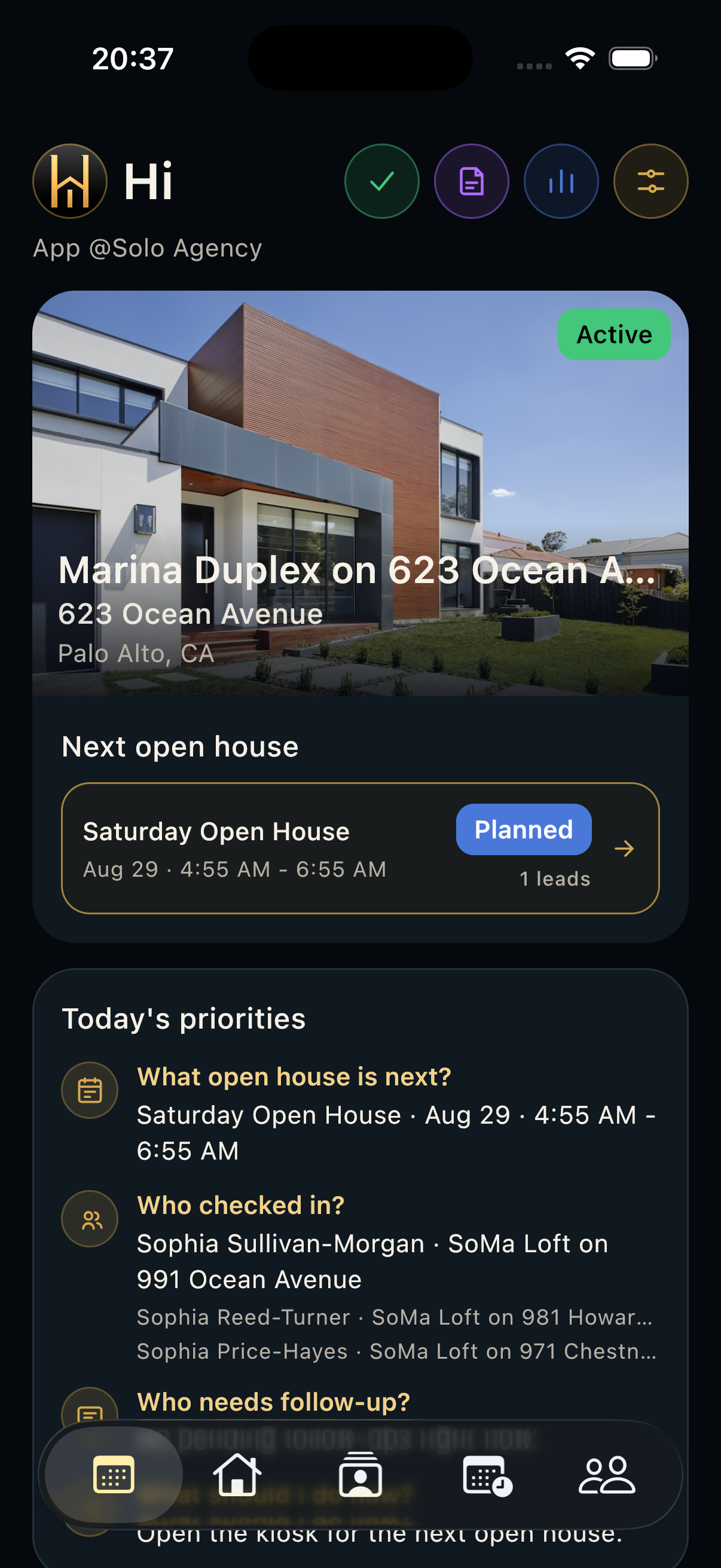 HAVN mobile Today dashboard with active property, next open house, priorities, quick actions, and bottom navigation.
