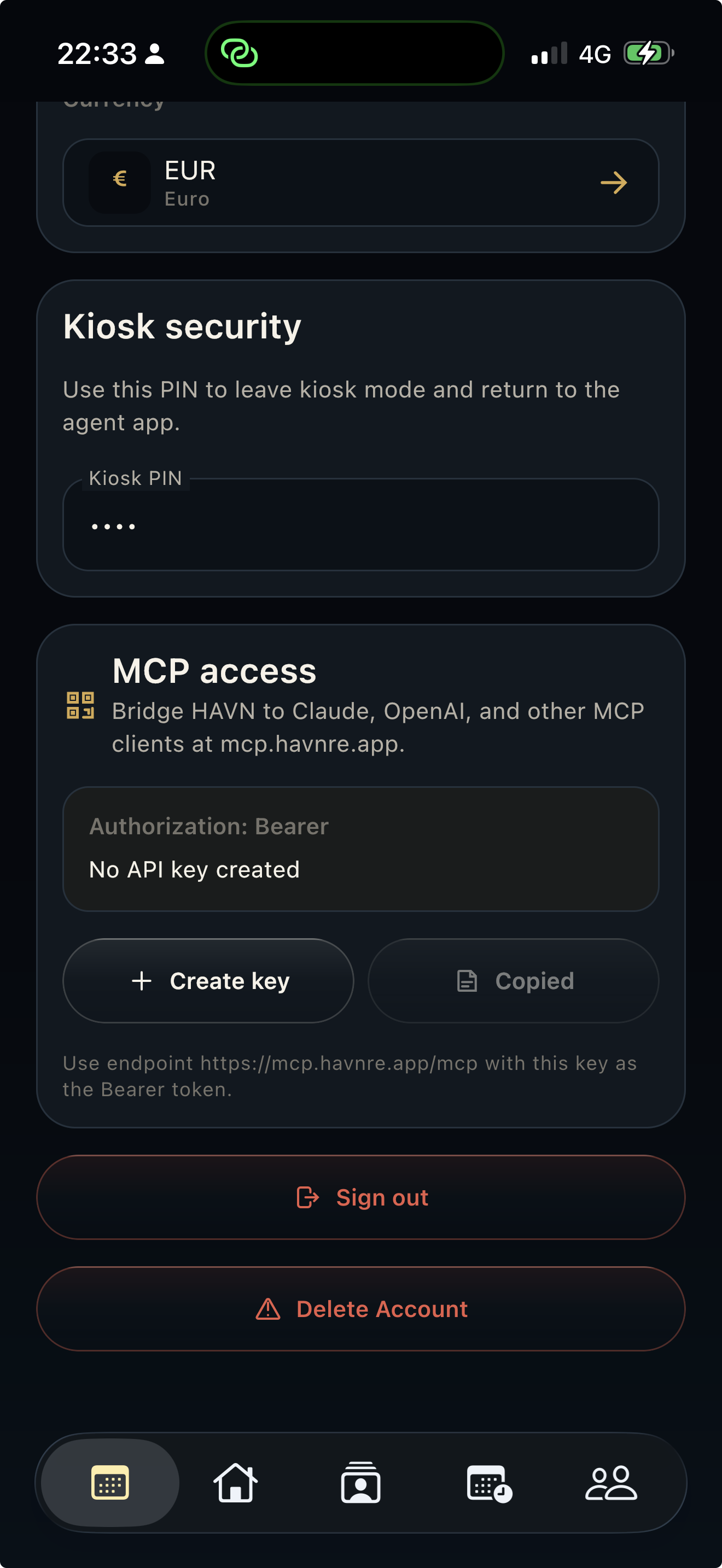 HAVN Mobileinstellungen mit MCP-Zugriff und Create-key-Taste